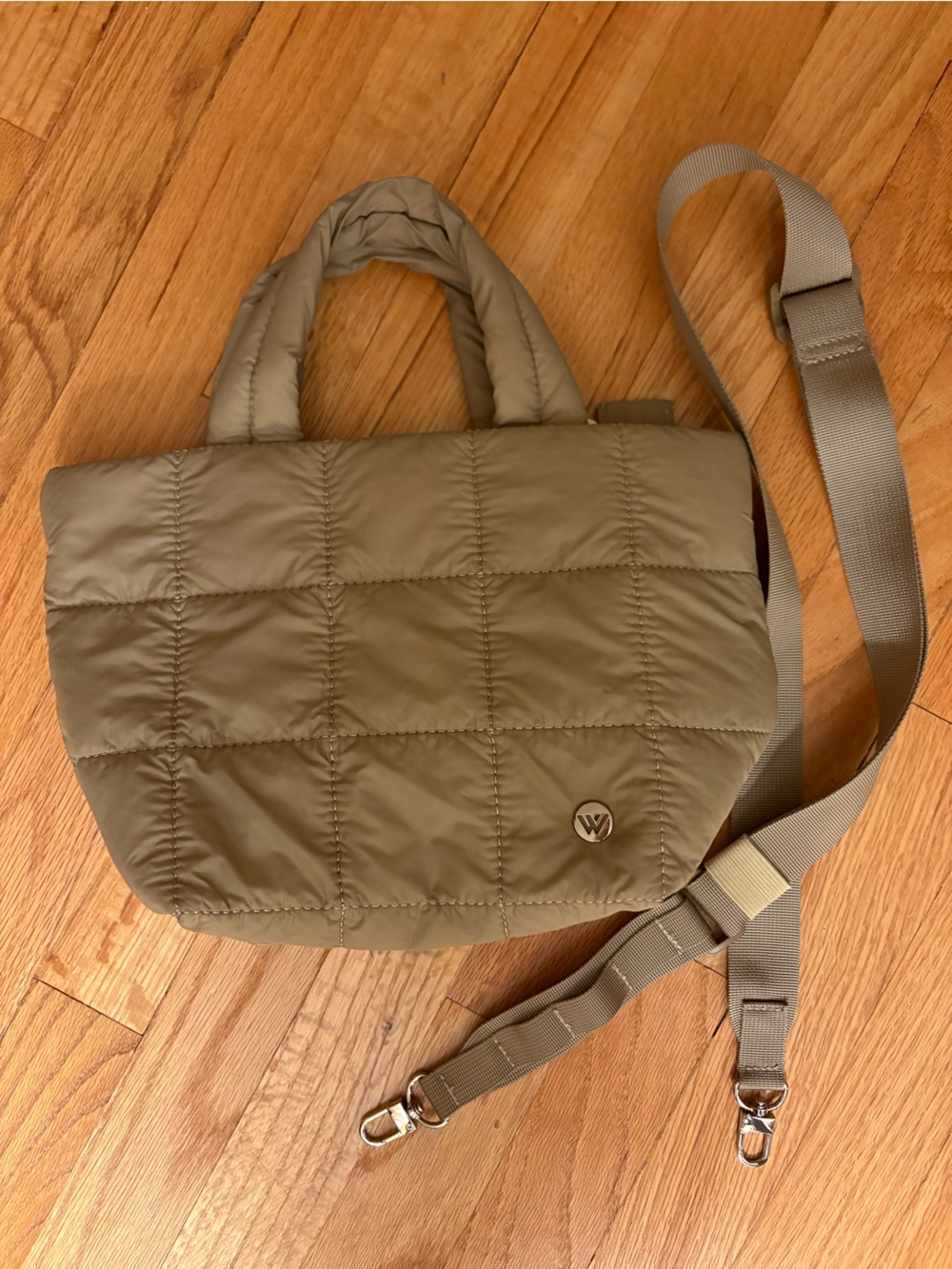 Tan Puffy small tote with crossbody strap